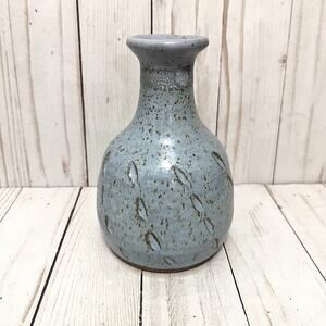 Vintage Studio Pottery Vase Matte Speckled Blue Textured Glaze Round Signed 6"